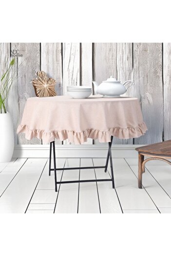 NDC HOME Beige Linen Round Ruffle Tablecloth