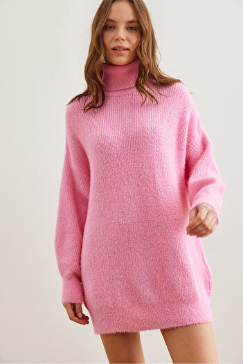 Olalook Women's Candy Pink Turtleneck Soft Textured Beard Knitwear Tunic Tnk- 19000098