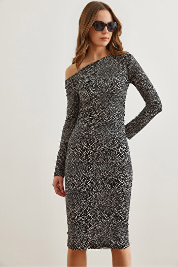 Olalook Women's Black Tiny Print Boat Neck Knitted Mini Dress Elb- 19002316