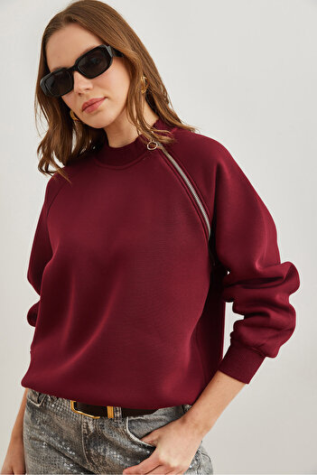 Olalook Burgundy Raised Sweatshirt - Shoulder Zipper Detail Swt- 19000709