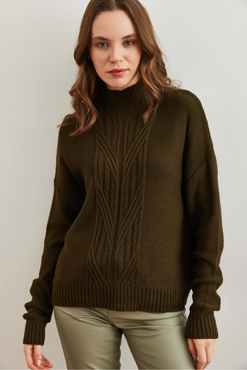 Olalook Women's Khaki Stand Collar Mid Hair Braided Knitwear Sweater Kzk- 19000912