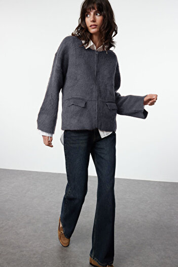 Trendyol Collection Soft Textured Anthracite Knitwear Cardigan - Twoaw25Hi00189