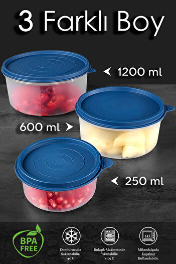 Meleni Home 18-Piece Dark Blue Round Food Storage Set - 10X250 6X600 2X1200Ml Food Container