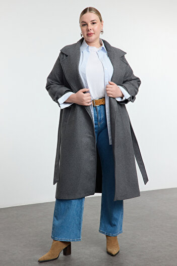Trendyol Curve Wide Collar Grey Long Stamp Coat - Wool Blend, Regular Fit Tbbaw25Dd00011