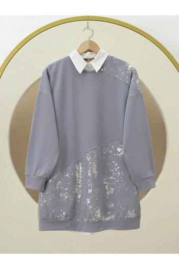 Modamorfo Silver Printed Piece Crew Neck Tunic -Grey