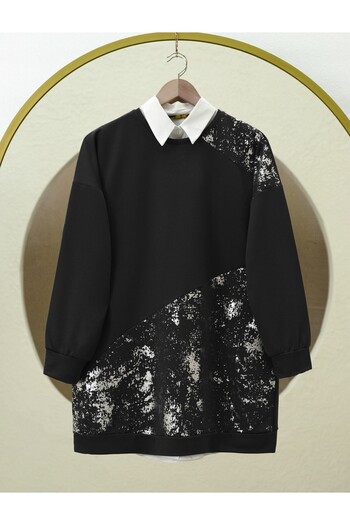 Modamorfo Silver Printed Piece Crew Neck Tunic - Black