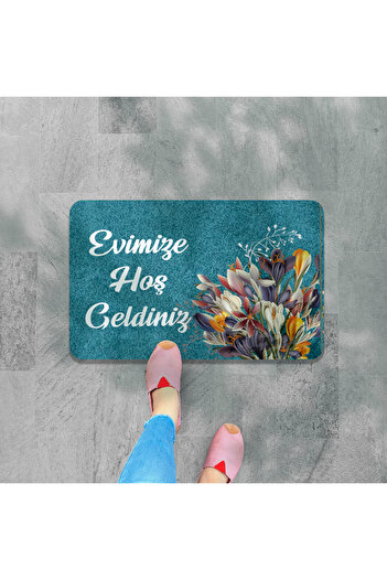 M&H Quality Welcome Written Digital Printed Flower Pattern Hooded Non-slip Mat - Washable for Inside and Outside