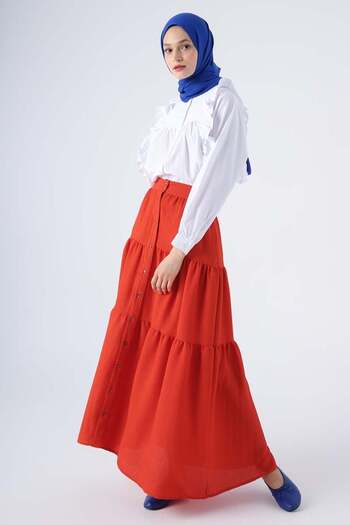 ALLDAY Pomegranate Flower-Buttoned Ruffled Wrapped Skirt with Elastic Waist