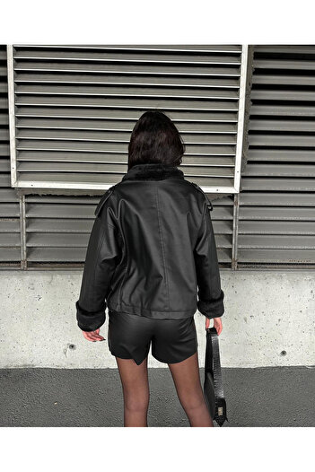 Ekim Store Fur Lined Crop Leather Coat