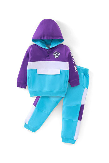 Babyhug Cotton Knit Full Sleeves Colour Block Hooded T-Shirt & Lounge Pant Set- Multicolour