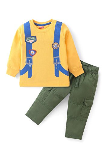 Babyhug Cotton Knit Full Sleeves T-Shirt & Lounge Pant Set with Applique - Yellow & Green