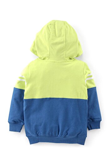 Babyhug Cotton Knit Full Sleeves Cut&Sew Sweatjacket With Front Pocket&Hooded Text Graphic-Blue&Lime