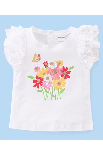Babyhug 100% Cotton Knit Frill Sleeves Floral Print Top & Skirt Set - White & Red