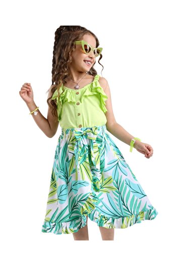Ollington St. Ollington St. 100% Cotton Knit Sleeveless Top with Frills & Floral Printed Skirt Set - Green & White