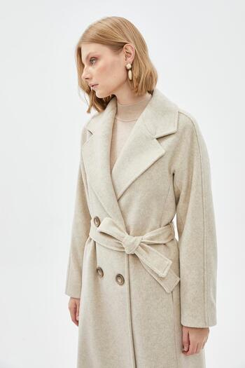 Zühre Double Breasted Collar Stamp Beige Coat 12822