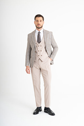 Suitmen Kare Desenli Yelekli Takım Elbise