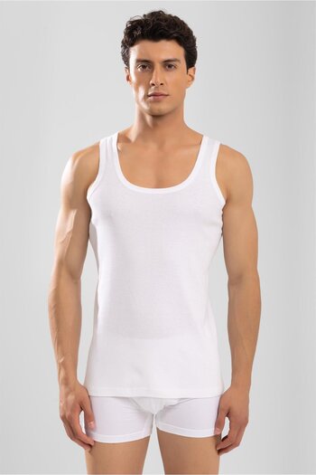 BAYKAR Λευκό Ανδρικό Slim Fit Ριμπ Τανκ Τοπ - Κλασικό Βαμβακερό