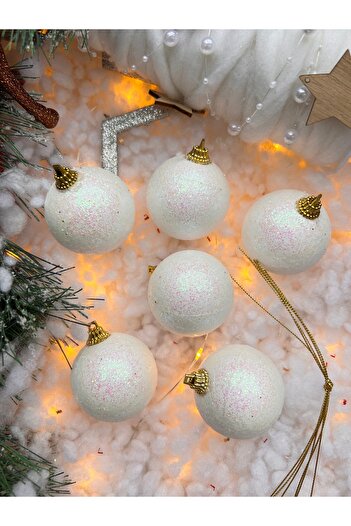 Derin Düşler Christmas Pine Tree Ornament White Ball Ornament Glitter White Cute Ball 5 cm 6 Pieces Christmas Ornament