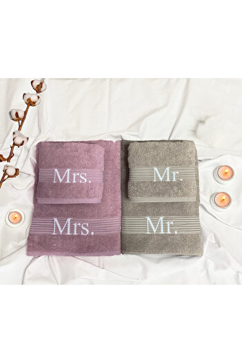 Lucy and Home Mrs.&Mr 100% Cotton Jacquard Set of 4 Shower Towels 70X140 / 50X90