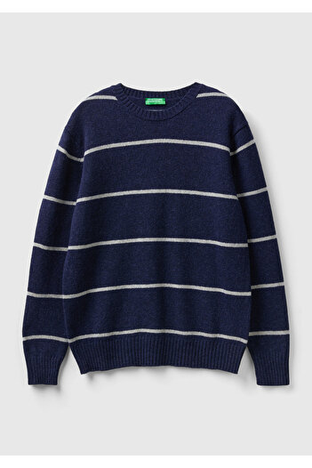 United Colors of Benetton Men's Navy Blue 100% Shetland Thin Striped Sweater