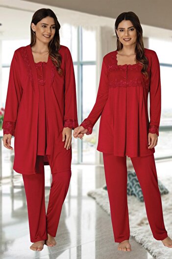 Pelin Women's Cherry Lace Long Sleeve Maternity Maternity Dressing Gown 3-Piece Pajamas Set
