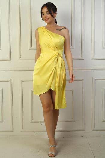 By Saygı Women's One Shoulder Draped Lined Satin Short Dress