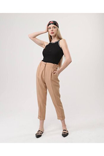 OUZ Fashion Women's Dumbbell Fabric Double Leg Elastic Waist Trousers