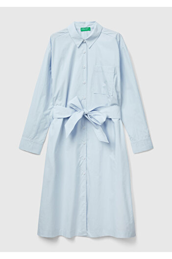 United Colors of Benetton Rochie popline cu mânecă lungă, guler cămașă din denim, colorată PUDRA - albastru pal