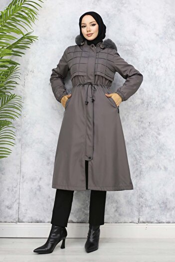 benguen 1101 Model Anthracite Plush Collar Sheepskin Bondite Coat