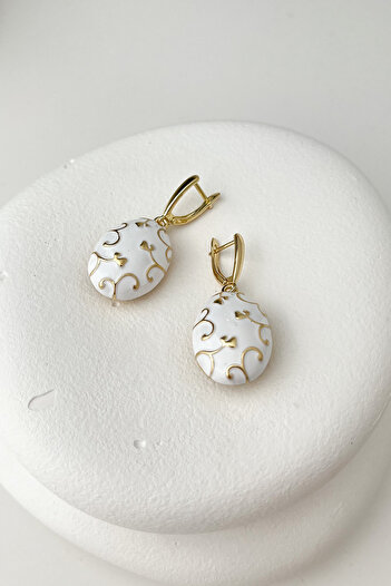 Modex 4cm White Enamel Oval Earrings - Dangle Motif