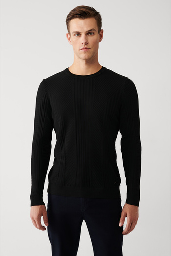 Avva Men's Black Crew Neck Patterned Knitwear Sweater A32Y5160