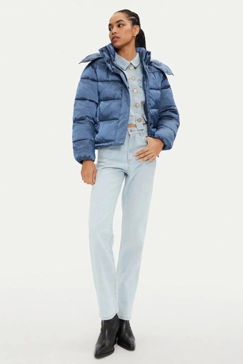 Calvin Klein Brand Detailed Hooded Puffer Blue Women's Jacket - Zippered J20J 224616 -Cdo