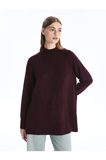 LC Waikiki LCW Modest Bej Dik Yaka Düz Oversize Kadın Triko Tunik