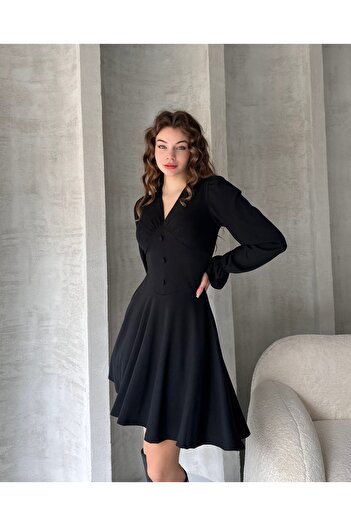 Fav Style Kadın V Yaka Düğme Detaylı Uzun Kollu Mini Elbise Siyah