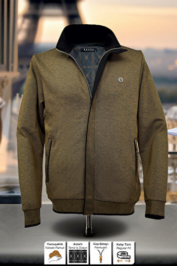 BESSA Men's Brown Stand Collar Jacket Full Lined Zipper Pockets Sweatshirt