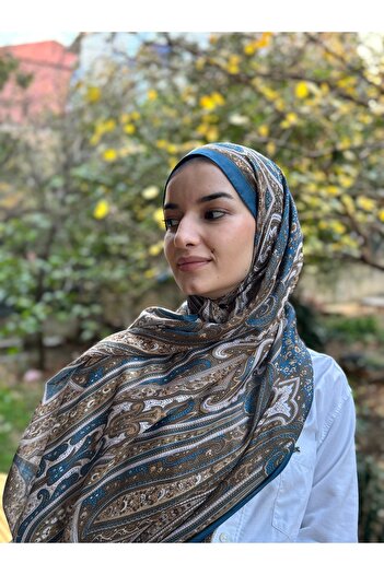 shalby Petrol Color Hijab Gardenia Patterned Cotton Soft Shawl