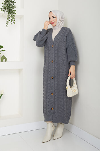 Pamuk Butik Women's Balloon Sleeve Button Closure Long Knitwear Cardigan