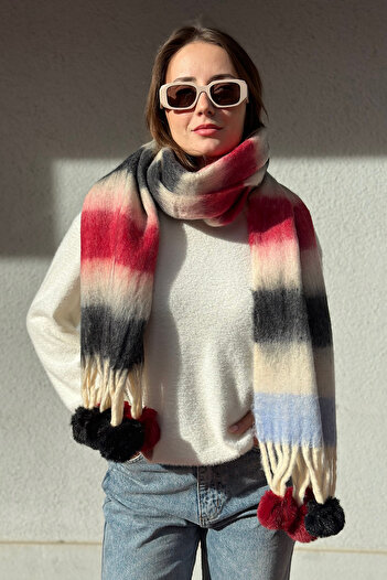 novon Ultra Premium Angora Textured - Soft Touch Pinterest Viral Scarf with Pompom Detail Color Block (220X40 cm)