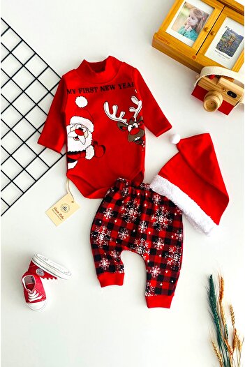 DERİNBEBE Cheerful Babies Christmas Set with Santa Claus and Deer Printed Beret