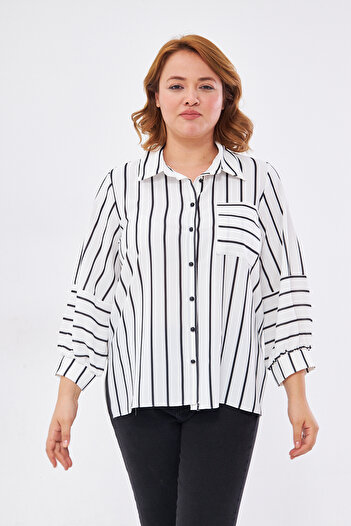 UNIQUE LADY Striped Small and Large Size Pocket Detailed Shirt