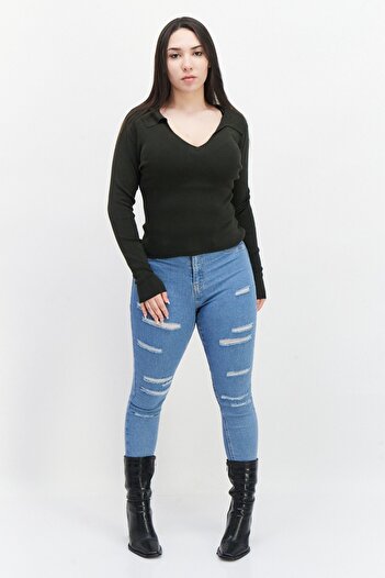 French Connection Women V-Neck Textured Sweater, Olive