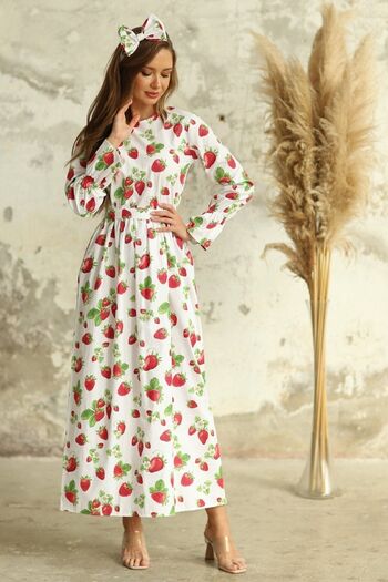 KÜÇÜĞÜM BUTİK Strawberry Patterned Hijab Waist Gathered Dress