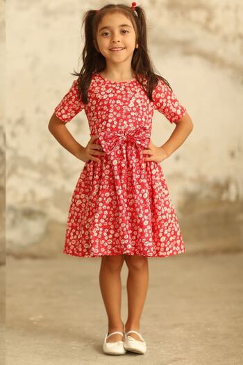 KÜÇÜĞÜM BUTİK Red and White Daisy Waist Gathered Girl's Dress