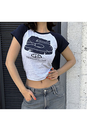 Karakedi Navy Blue Retro 5 Printed Short Sleeve Crop