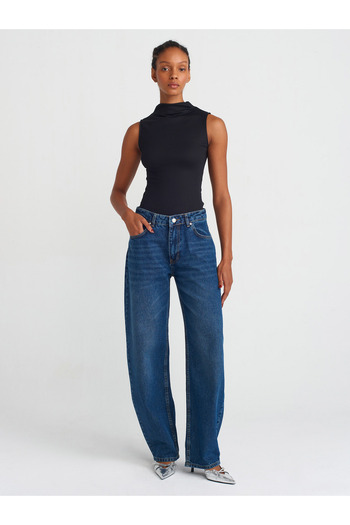 Dilvin 71747 Pantaloni din denim cu talie joasă cu tăietură cu balon