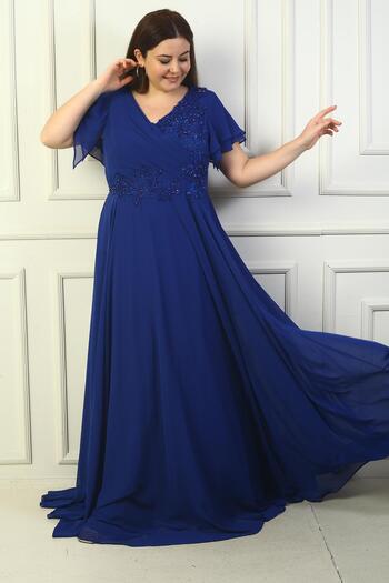 By Saygı Women's Front Back V Neck Draped Bead Embroidered Lined Plus Size Long Chiffon Dress
