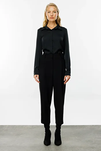 Ekol Black Women's Trousers - Pleated Front, Wide Leg, Model 4011