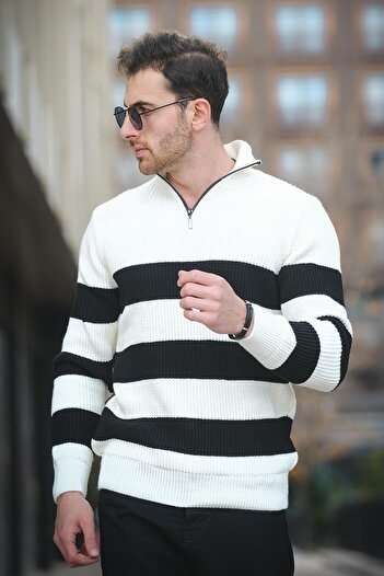 Oksit Bertrand Stand Collar Zippered Striped Cotton Thick Men's Sweater