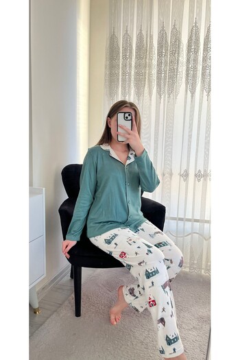 Lena Homewears Σετ Πρωτοχρονιάτικες Θερμικές Πιτζάμες με σχέδιο Mint Karevi