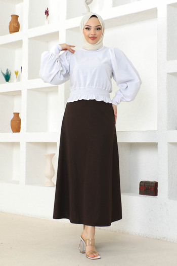 İmajButik Brown Long Scuba Flared Skirt